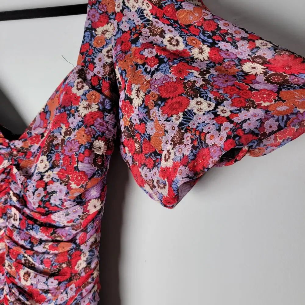 Zara Ruched Floral‎ Puff-Sleeve Mini Dress XS Red Purple Cocktail Party Romantic